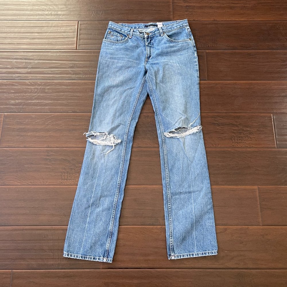 VTG Y2K Marc Jacobs Distressed Tattoo Spider Web Printed Blue Denim Jeans Sz 8